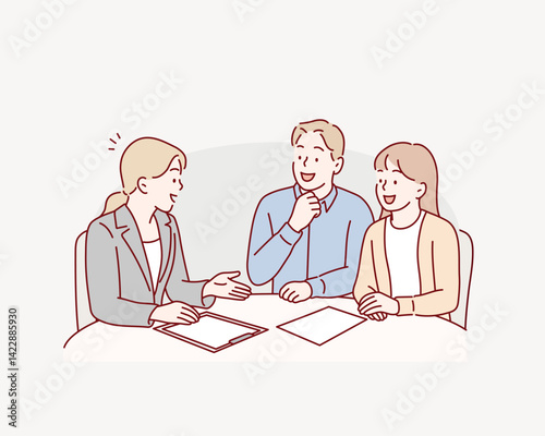 man and woman couple receiving an explanation from a woman in a suit. Hand drawn style vector design illustrations.