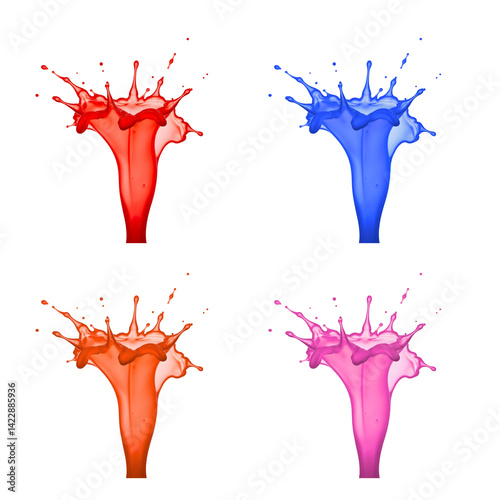 A set of four vibrant paint splash formations in red, blue, orange, and pink, arranged in a 2x2 grid on a white background