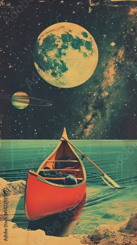 Obraz na płótnie Collage Retro dreamy kayak astronomy outdoors vehicle. w salonie