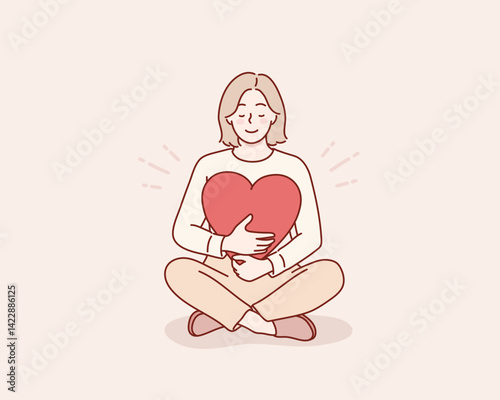 Love yourself, Self care, Woman hugging heart, acceptance and self love. Positive psychology, optimism and mental health. Hand drawn style vector design illustrations.