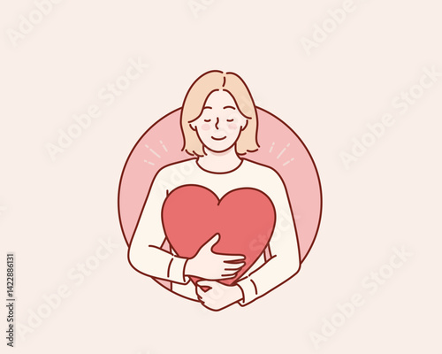 Love yourself, Self care, Woman hugging heart, acceptance and self love. Positive psychology, optimism and mental health. Hand drawn style vector design illustrations.
