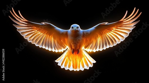 Majestic Bird in Flight with Radiant Wing Display Against Black Background