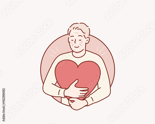 Love yourself, Self care, elderly man hugging heart, acceptance and self love. Positive psychology, optimism and mental health. Hand drawn style vector design illustrations.
