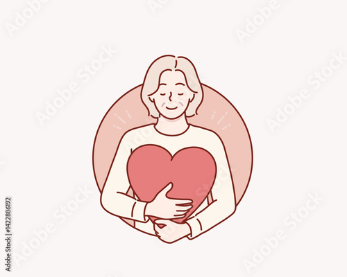 Love yourself, Self care, elderly woman hugging heart, acceptance and self love. Positive psychology, optimism and mental health. Hand drawn style vector design illustrations.