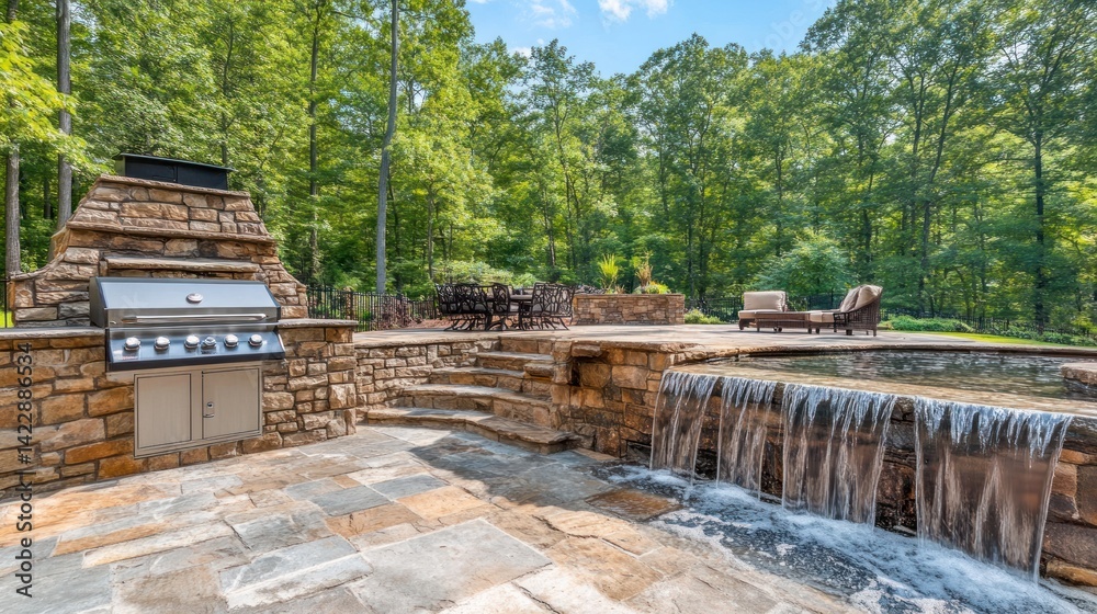 Fototapeta premium Outdoor Kitchen, Patio, Waterfall, Backyard