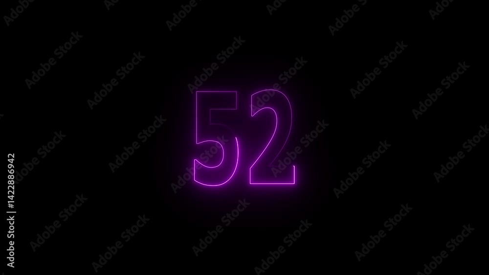 Glowing neon countdown 52 number animation. Countdown timer number animation. Glowing neon countdown 52 number animation. Countdown timer number animation.