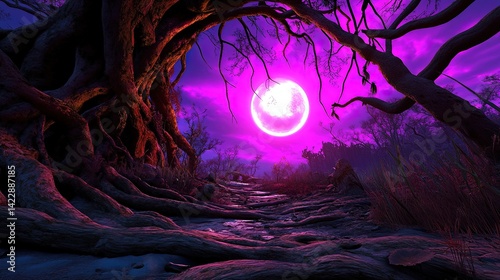 Enchanted Forest with Mystical Moonlight and Twisted Roots