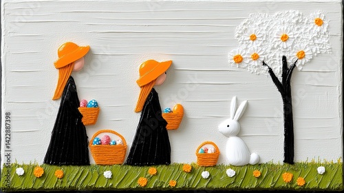Two Women Collecting Colorful Eggs in Spring Landscape Artwork