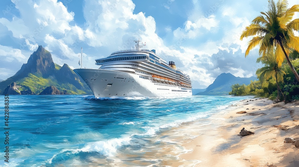 Fototapeta premium cruise to tropical island clipart digital watercolor clipart detailed illustration - photo for design