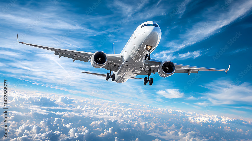 Obraz premium Aircraft landing in sunny skies above clouds aerial photography aviation high angle travel adventure