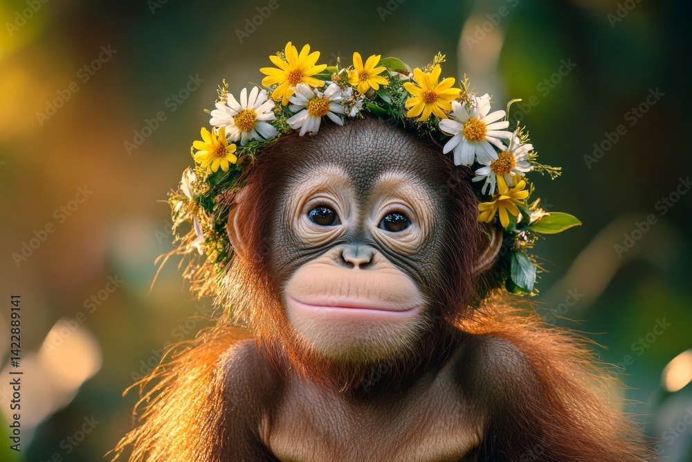 Fototapeta premium Cute baby animal orangutan wearing fierce flower wreath on its head. Summer happiness. Golden hour in sunset. Graceful wild creature in bloom. Wild animal with natural beauty.