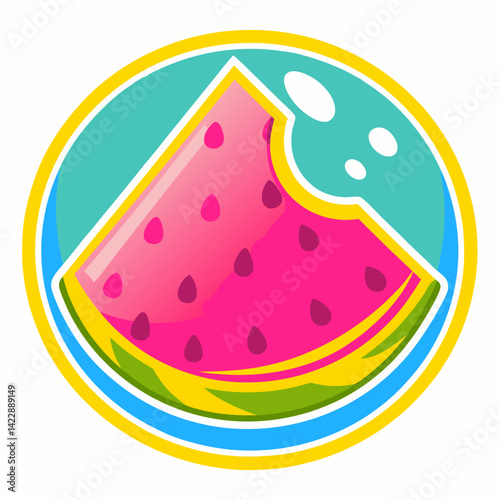 Colorful watermelon slice sticker featuring a bright pink slice with a bite taken out for a refreshing summer treat