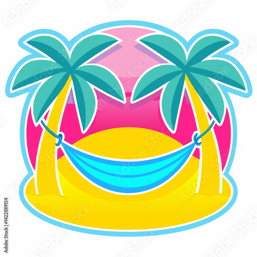 Relaxing hammock sticker featuring a blue hammock between palm trees for a tropical vacation vibe
