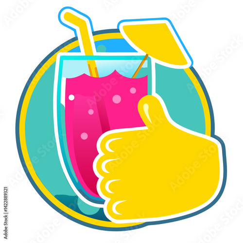 Refreshing drink sticker featuring a colorful beverage with a thumbs up gesture for summer enjoyment