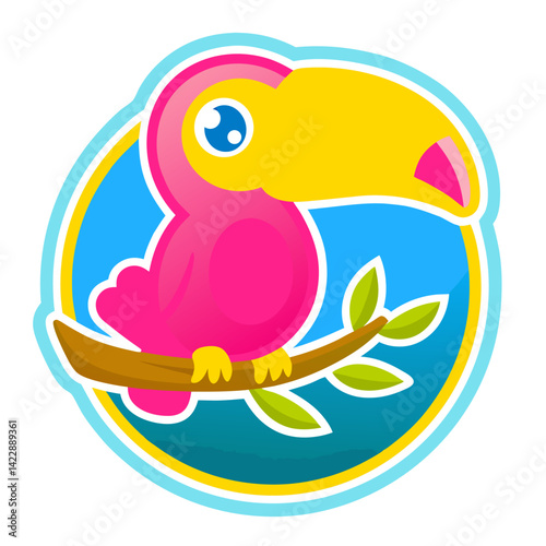 Colorful toucan sticker featuring a bright pink toucan perched on a branch against a vibrant background