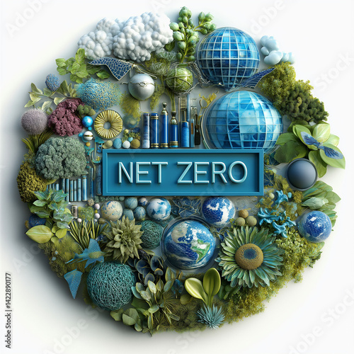 Net zero emissions commitment. Carbon transition. Climate transport. Sustainability transition. Sustainability commitment badge featuring NET ZERO label graphic.