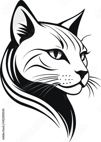 Minimalist Cat Head Silhouette - Sleek Black & White Tribal-Style Feline Illustration