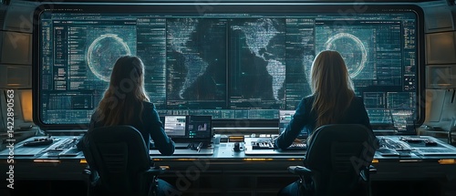 Two women monitoring global data on large screens.