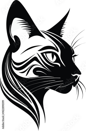 Minimalist Cat Head Silhouette - Sleek Black & White Tribal-Style Feline Illustration