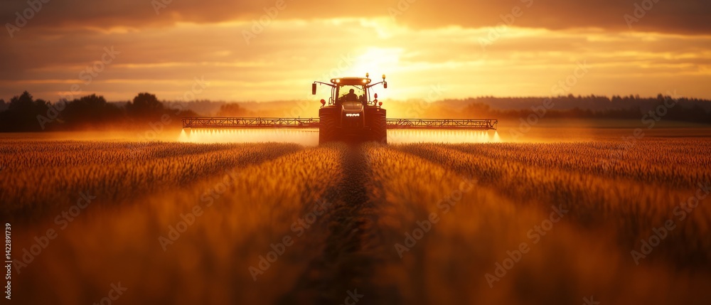 Fototapeta premium Tractor sprays crops during sunset in a vast agricultural field