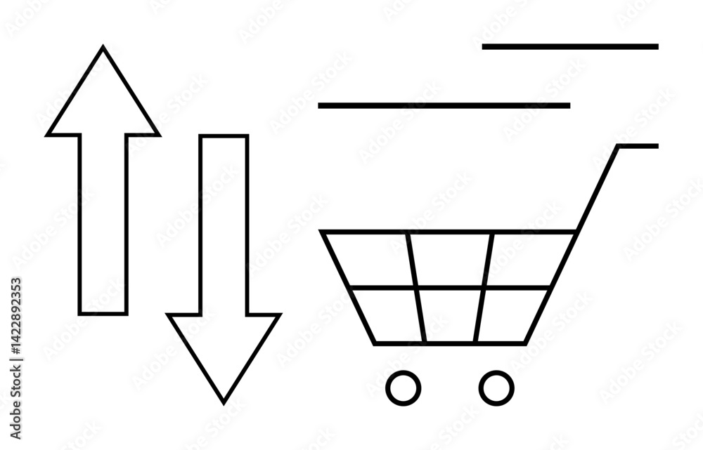 Minimalist shopping cart with up and down arrows conveys market changes, consumer choice, digital growth. Ideal for e-commerce, analytics, sales, marketing, economy, decision-making flat simple Minimalist shopping cart with up and down arrows conveys market changes, consumer choice, digital growth. Ideal for e-commerce, analytics, sales, marketing, economy, decision-making flat simple