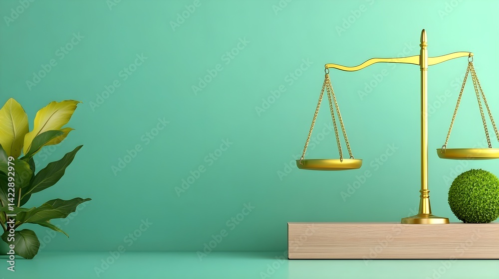 Gold Scales of Justice with Green Plant and Background Colorful Display Gold Scales of Justice with Green Plant and Background Colorful Display