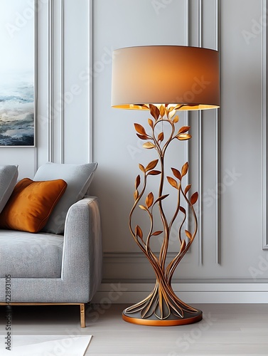 Elegant floor lamp with golden stand in modern living room contemporary design warm ambiance photo