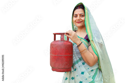 Indian woman with LPG Gas Cylinder for cooking in kitchen standing isolated over white background. Empowering Women. Clean energy. India.