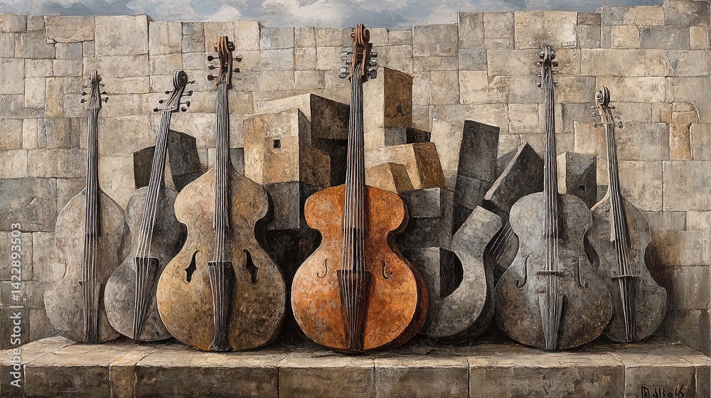 Naklejka premium Artistic Display of String Instruments Against a Textured Background