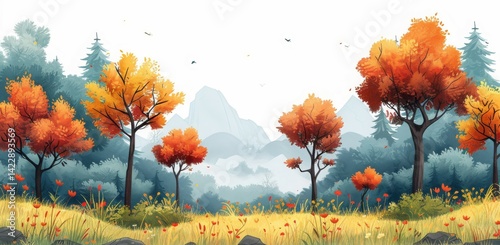 Autumnal Forest with Tall Trees and Blue Mountains