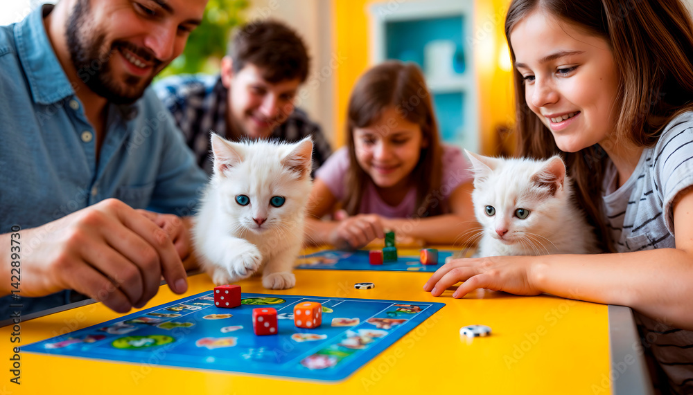 Family Game Night Ideas with kids and white kittens playing board game together