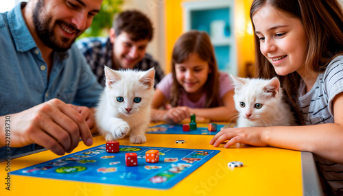 Obraz na płótnie Family Game Night Ideas with kids and white kittens playing board game together
w salonie