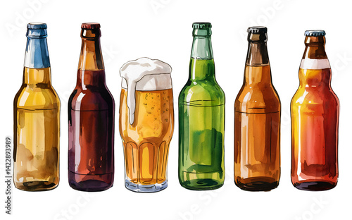 Assorted Beer Bottles Hand-Painted in Watercolor