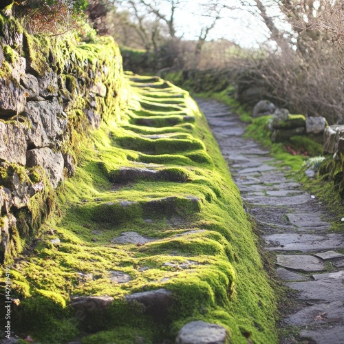 Moss-covered stone steps winding pathway photo