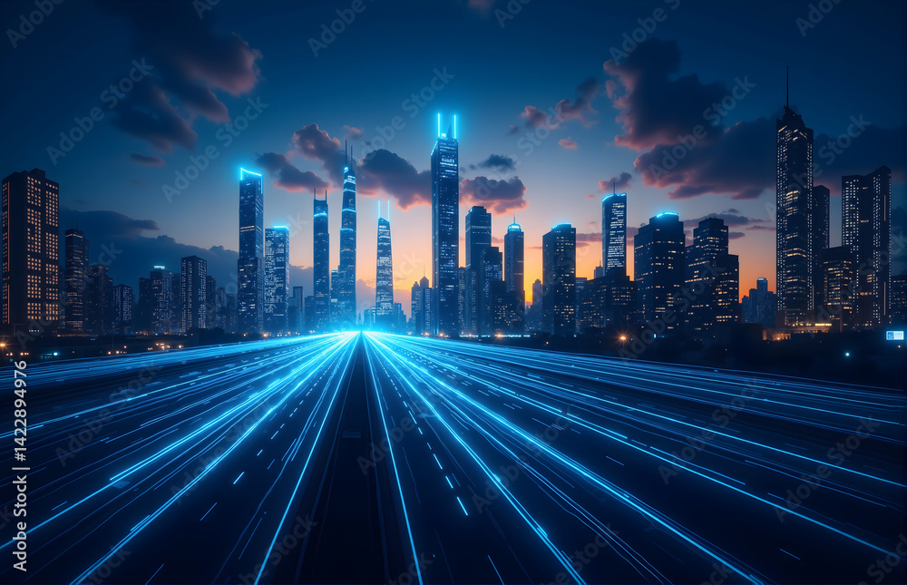 Fototapeta premium Nighttime Futuristic Cityscape with Light Trails