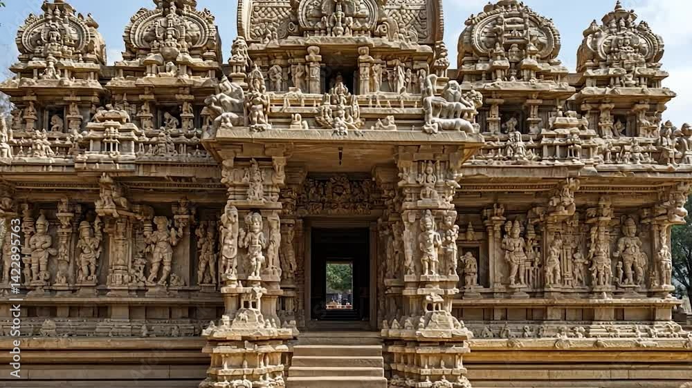 Ornate temple facade, intricate carvings, South Indian architecture ...