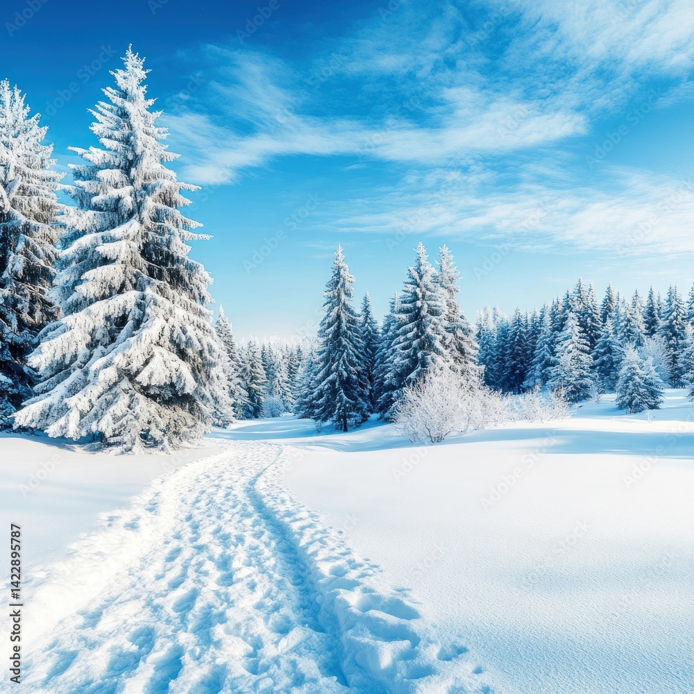 Snowy winter path through frosted trees Snowy winter path through frosted trees