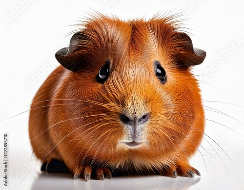 Guinea pig with wide eyes and soft fur, looking directly at the camera, on a white background