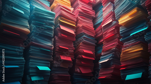 A large pile of oversized, chaotic files and folders symbolizes overwhelming data overload and inefficient digital storage in a bright setting evoking confusion in modern information management

