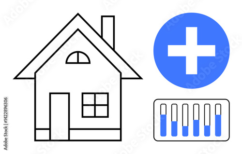 House outline, blue plus sign, medical test kits with samples. Ideal for healthcare, medical diagnostics, telemedicine, home testing, wellness, hospitalization simple landing page