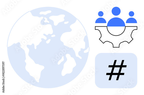 Earth with continents, team figures on a gear, metadata tag symbol. Ideal for teamwork, collaboration, digital strategy, networking, global communication, social media marketing simple landing page