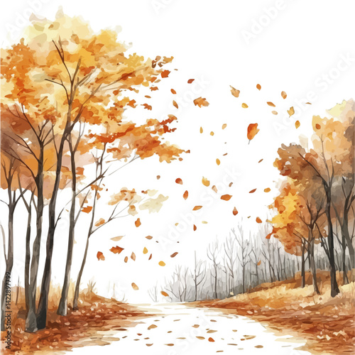 Autumn Leaves Falling In A Forest, watercolor vector, isolated on a white background.
