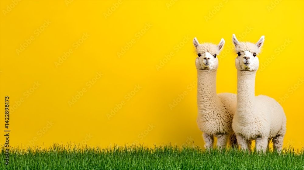 Fototapeta premium Two Cute Alpacas on Bright Yellow Background with Green Grass