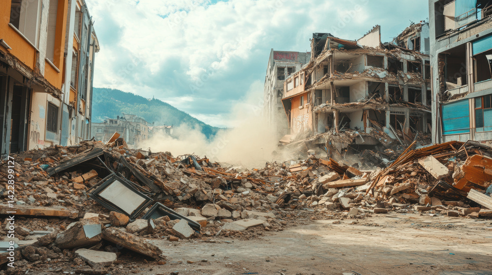 Fototapeta premium city skyline lies in ruins after massive earthquake, with collapsed buildings and debris filling streets under cloudy sky. Dust rises amidst destruction, creating somber scene