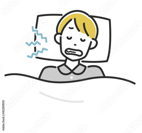 睡眠中の歯ぎしりに悩む男性のイラスト