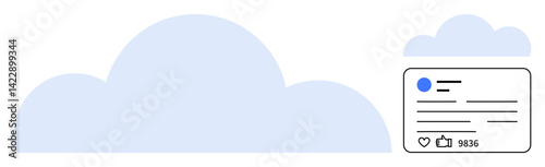 Cloud elements with a social media post featuring thumbs ups and interactions. Ideal for social networking, digital communication, content sharing, online marketing, technology, cloud computing