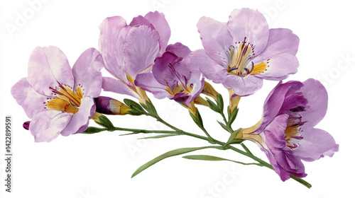 Delicate light lilac fresia flowers with green stems and leaves, beautifully illustrated in soft, natural style, evoke sense of tranquility and elegance