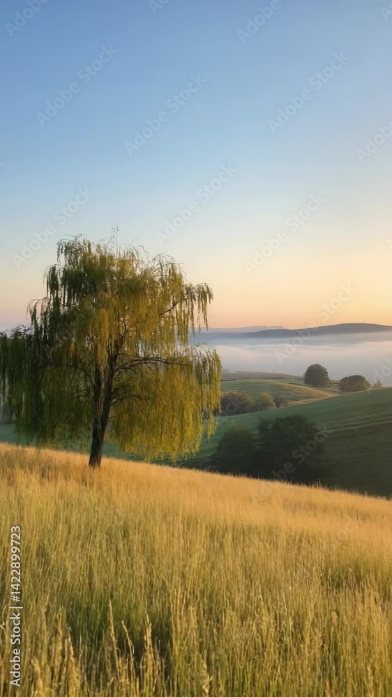 Weeping willow tree in golden field with layers of hills shrouded in soft mist at dawn under blue and pink sky Weeping willow tree in golden field with layers of hills shrouded in soft mist at dawn under blue and pink sky