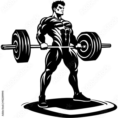 Sketchy engraving emblem of muscular powerlifter performs training deadlift with heavy barbell in monochrome. Engraving minimalistic vector in black ink drawing on transparent background