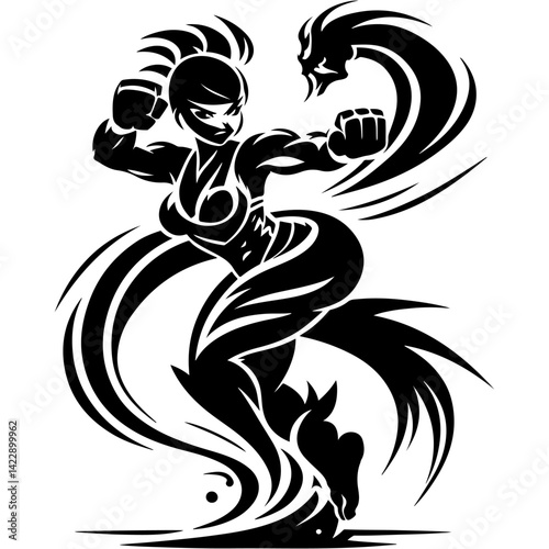 Tattoo emblem of girl fighter with secret knowledge of combat practices stands in stance ready for battle in monochrome. Engraving minimalistic vector in black ink drawing on transparent background